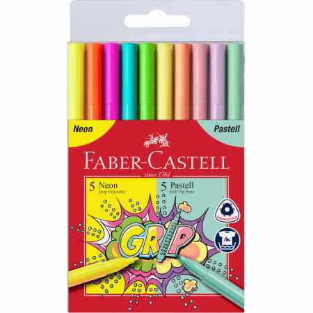 FABER-CASTELL Grip Zestaw flamastrów 10 kolorów pastelowych i neonowych